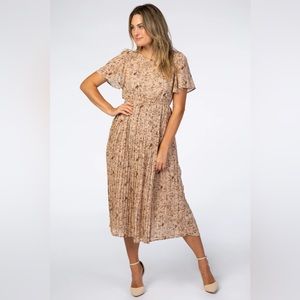 Beige Floral Pleated Chiffon Maternity Midi Dress